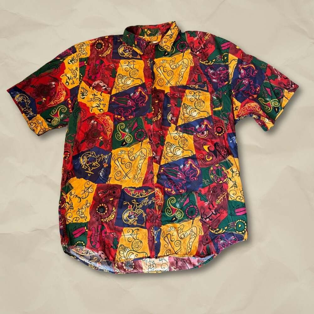 Vintage Banana Republic Abstract Multi-Color Short Sleeve Button Up Shirt, Size